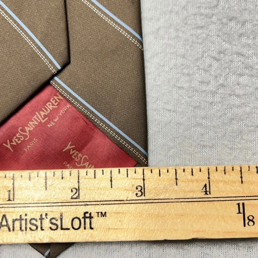Yves Saint Laurent Mens Silk Tie Brown Blue Striped YSL Logo‎ Embroidered France